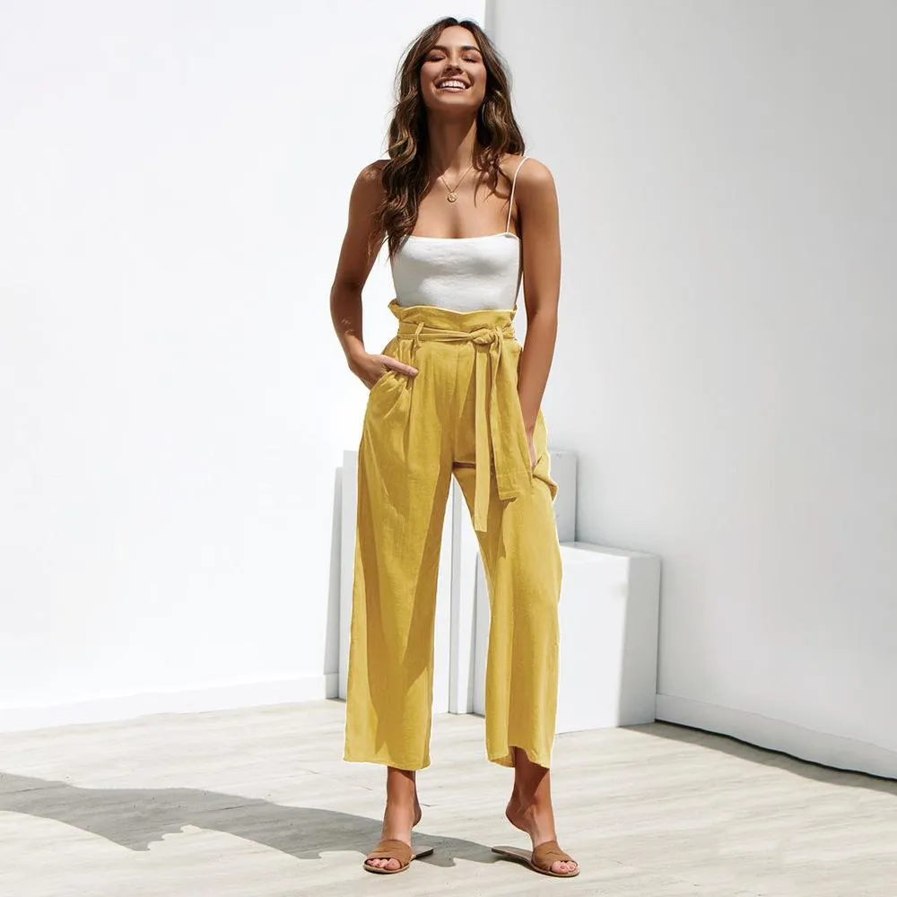 Casual Cotton Linen women high waist wide leg pants summer autumn