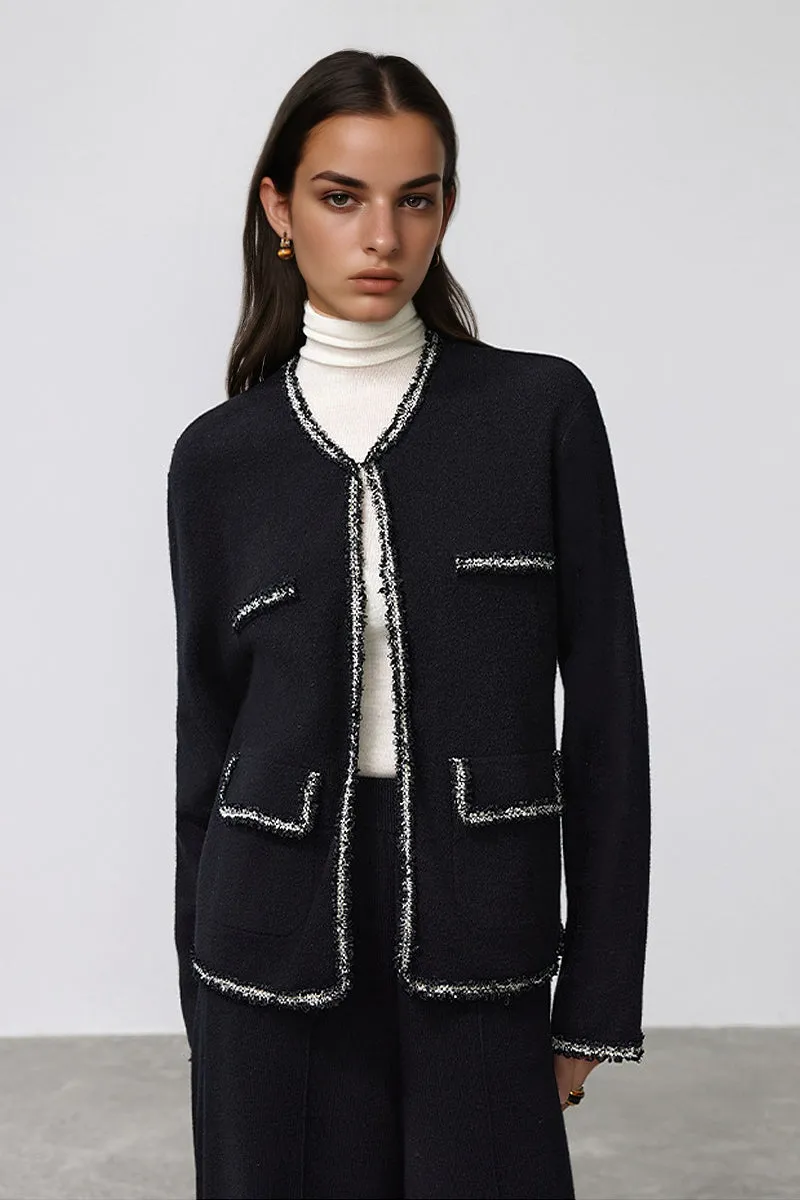 Classic French Inspired 100 Wool Crewneck Cardigan With Contrast Trim in Black