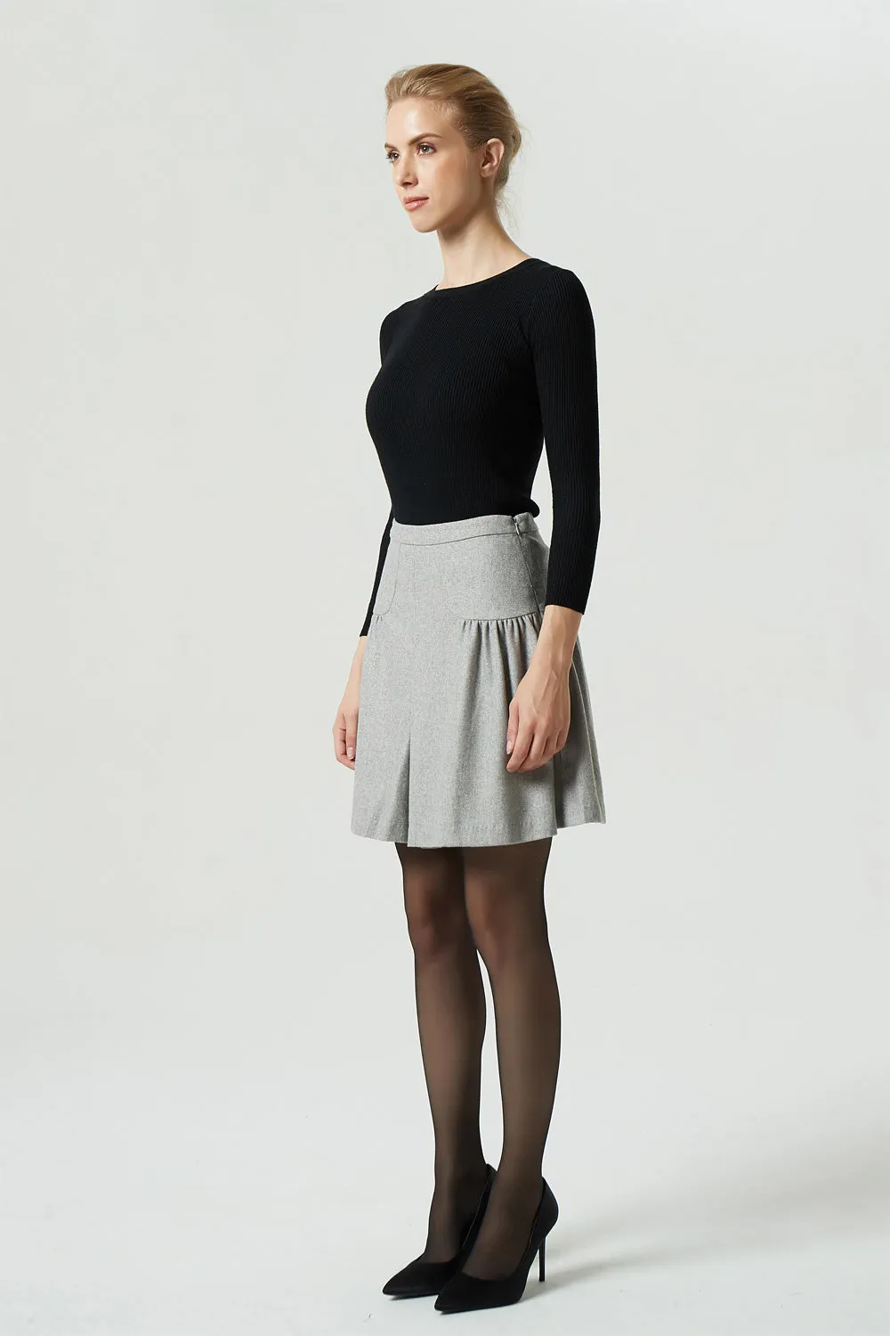 light gray mini wool skirt, pleated short skirt 1985
