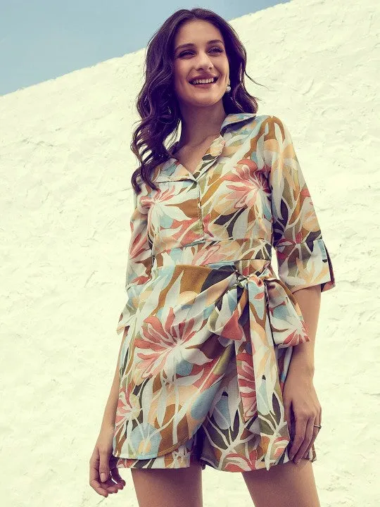 Off White & Teal Printed Jumpsuit