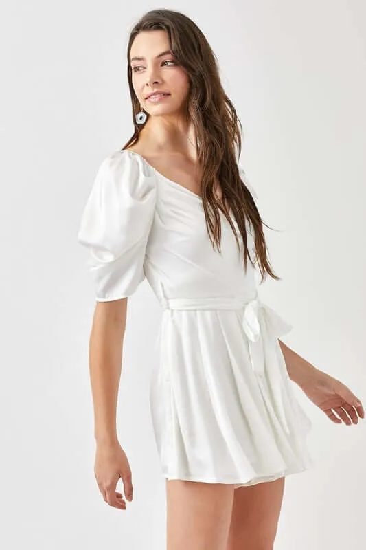 Off White Pleated Puff Sleeve Overwrap Romper