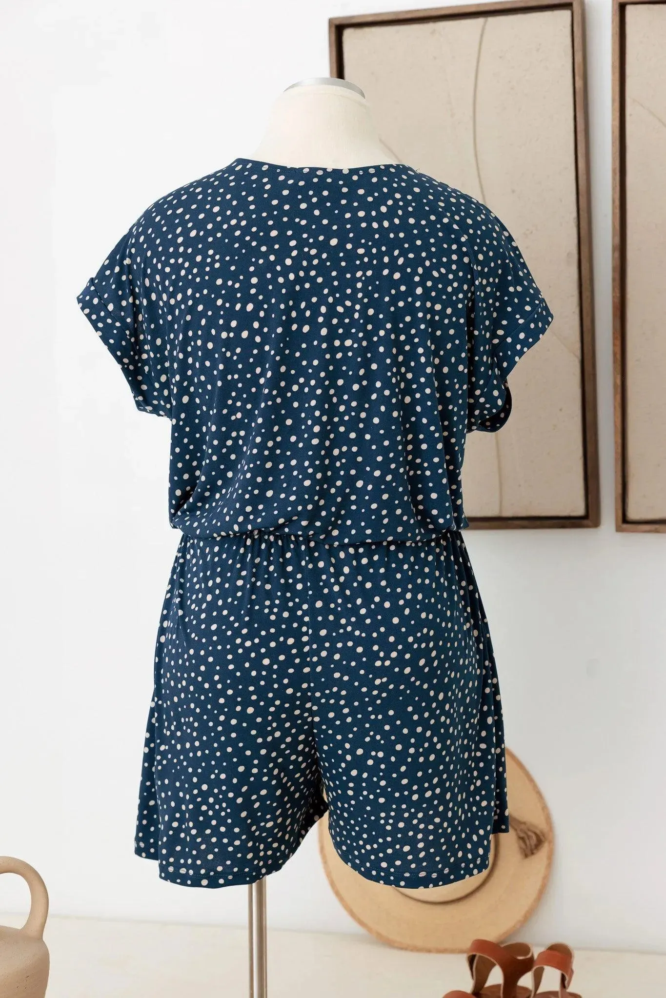 Plus Size Polka Dot Short Sleeve Adjustable Belt Warp Romper