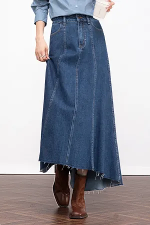 Reconstructed Denim A-Line Flare Midi Skirt with Raw Hem
