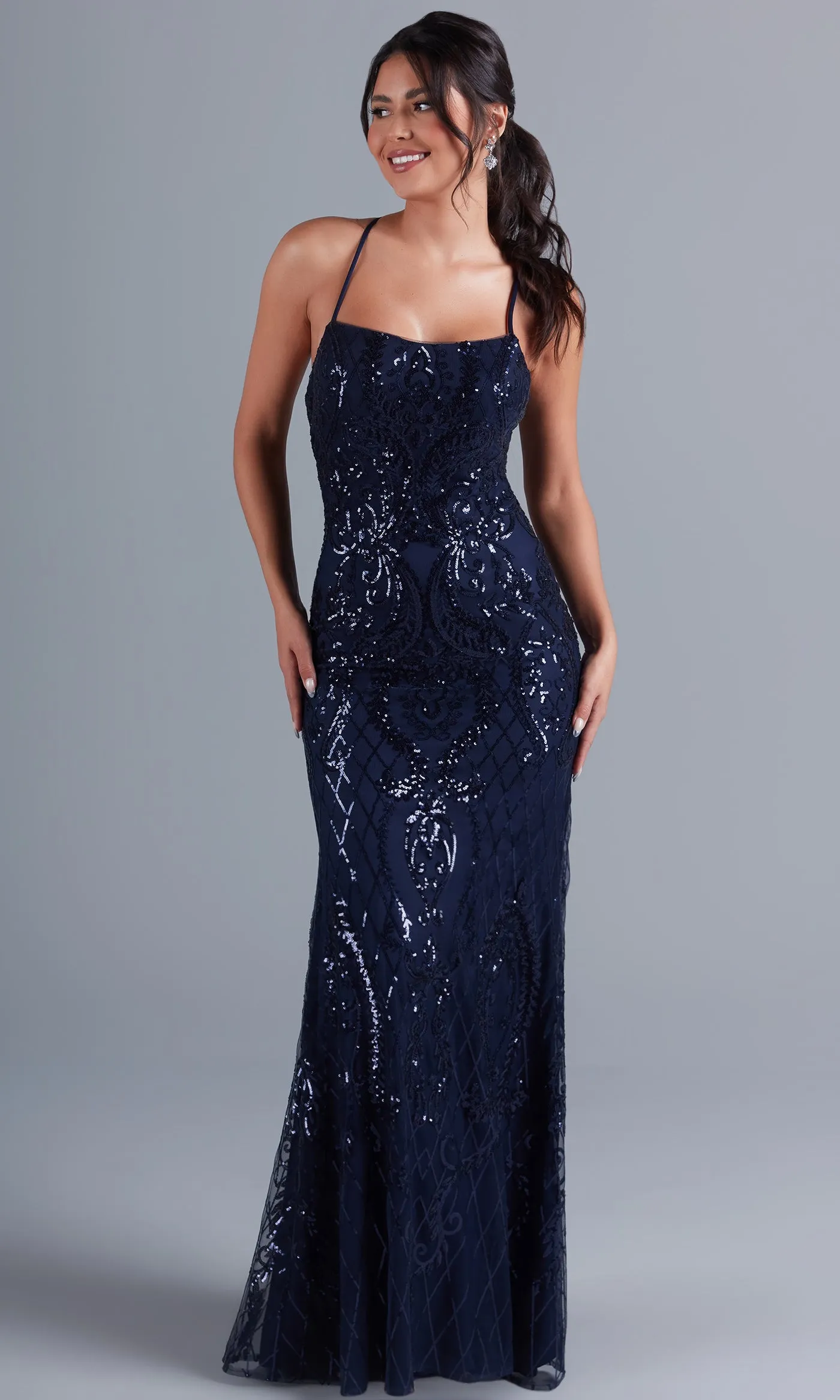Sequin-Print Long Formal Dress with Statement Back