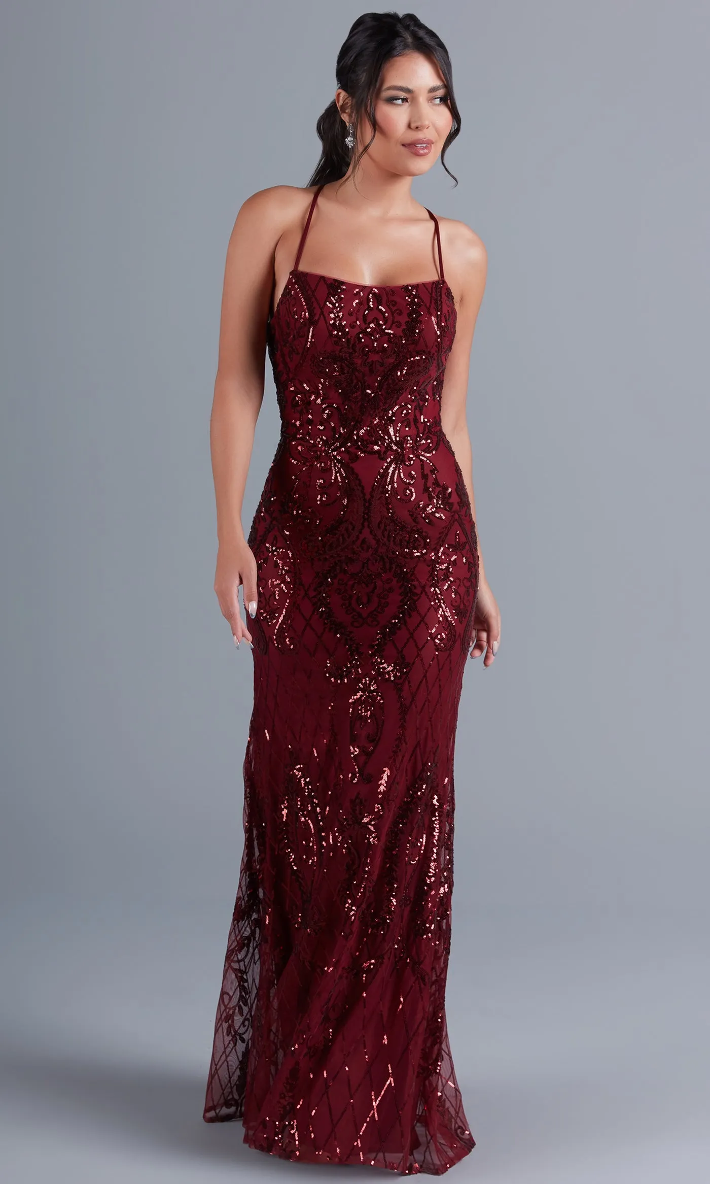 Sequin-Print Long Formal Dress with Statement Back